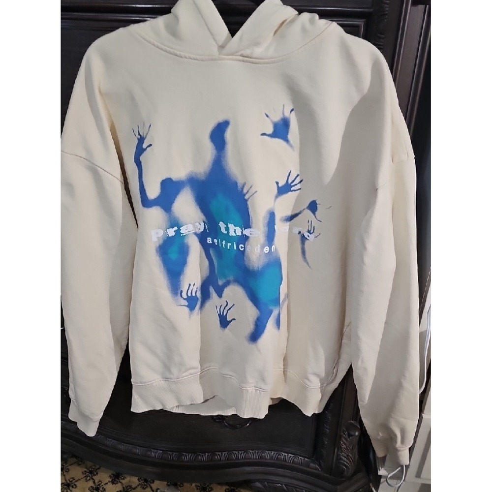 Aelfric Eden Pray The Lord Graphic Hoodie Cream Blue Streetwear Size 1